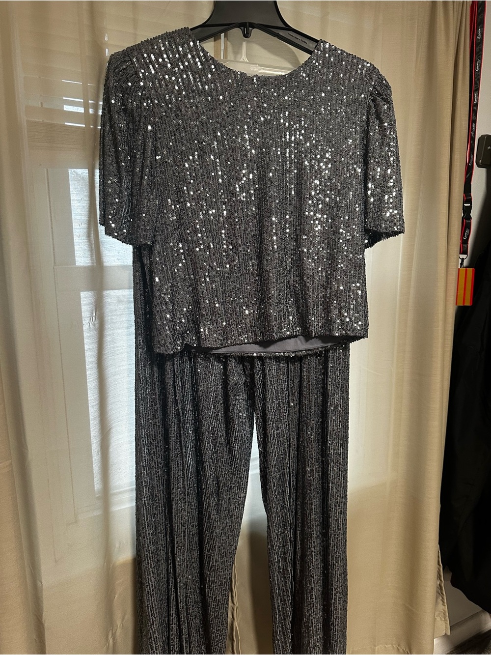 Premier Silver Sequin Two-Piece Top and Pants Set